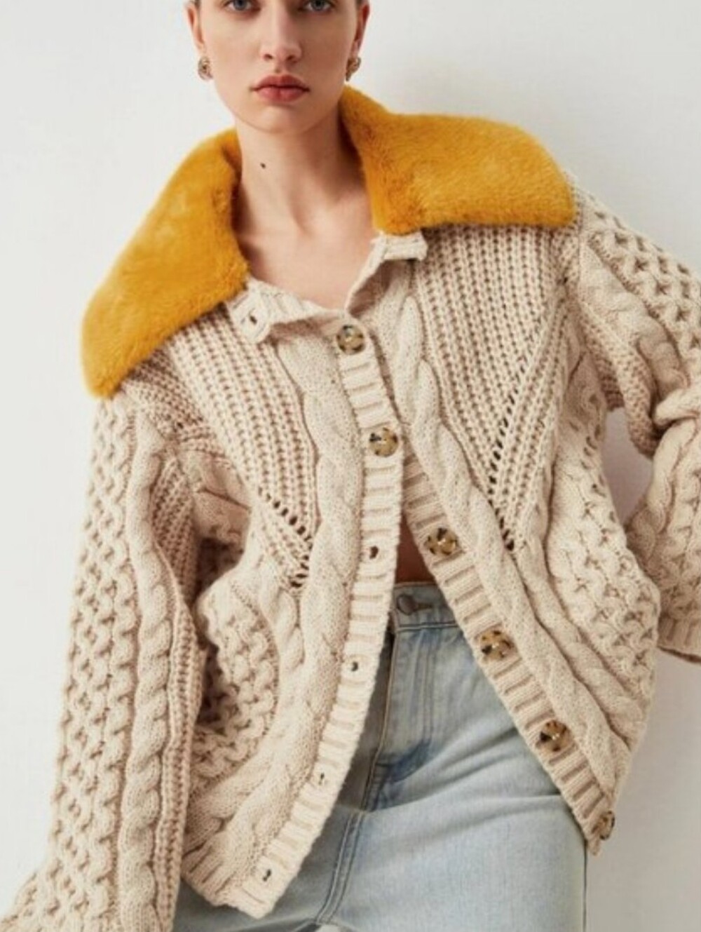 NWT Zara Cable Knit Cardigan with Removable Fur Collar - Picture 3 of 12